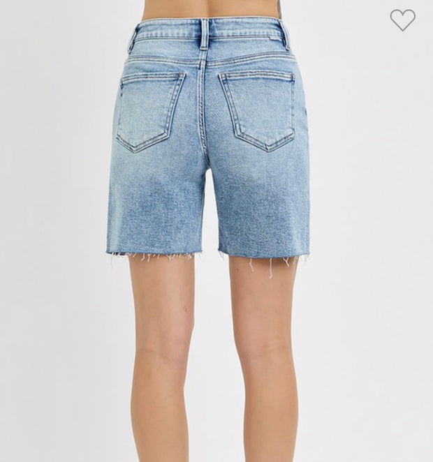 Tummy Control High Rise Mid Length Raw Cut Hem Shorts