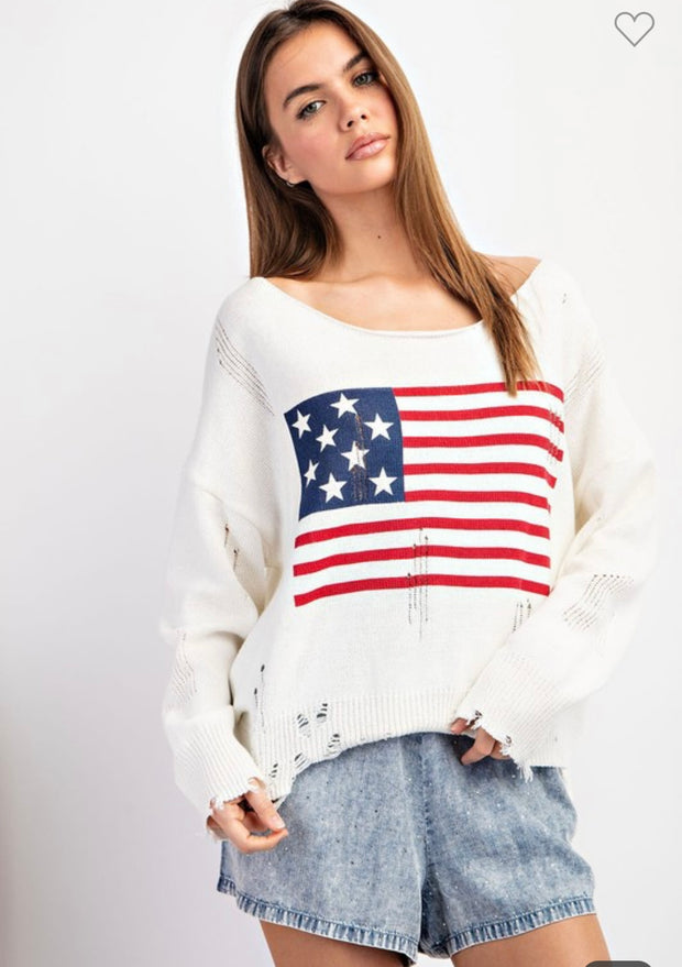 Ivory Distressed American Flag Long Sleeve Sweater