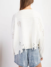 Ivory Distressed American Flag Long Sleeve Sweater