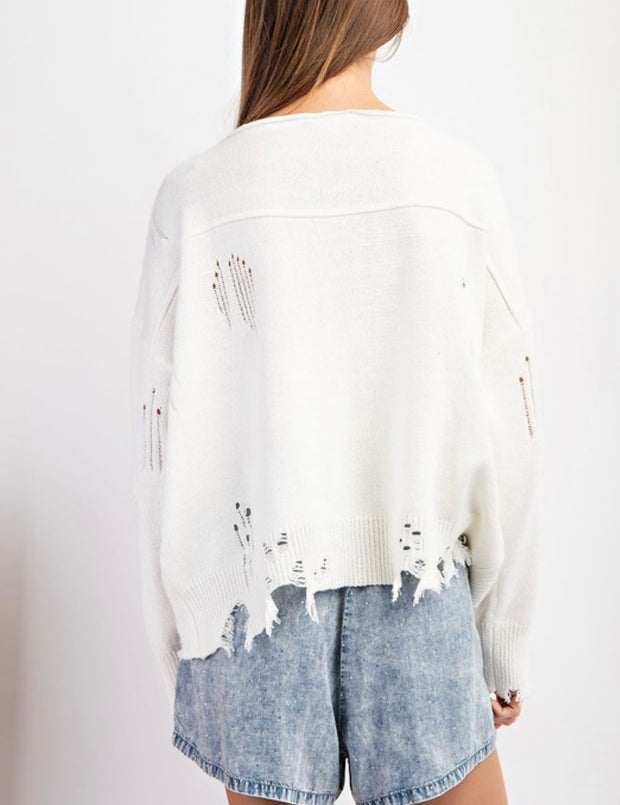 Ivory Distressed American Flag Long Sleeve Sweater
