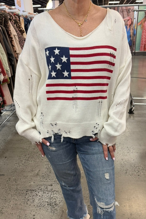 Ivory Distressed American Flag Long Sleeve Sweater