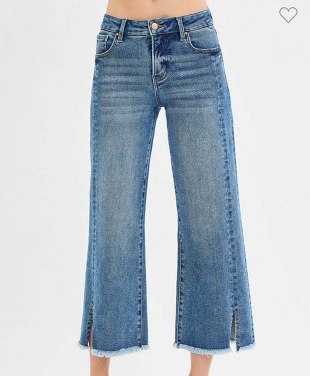 Tummy Control Mid Rise Crop Wide Leg Jeans With Front Slit