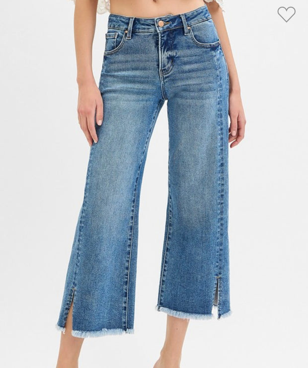 Tummy Control Mid Rise Crop Wide Leg Jeans With Front Slit