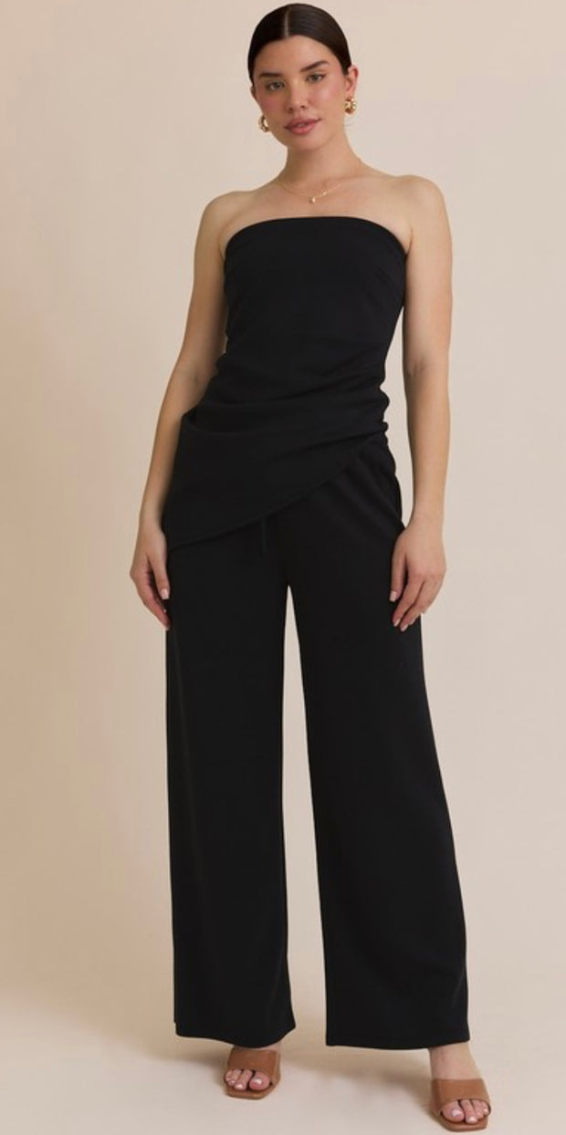 Black Hem Tube Top With Matching Draw String Wide Leg Pants- SET