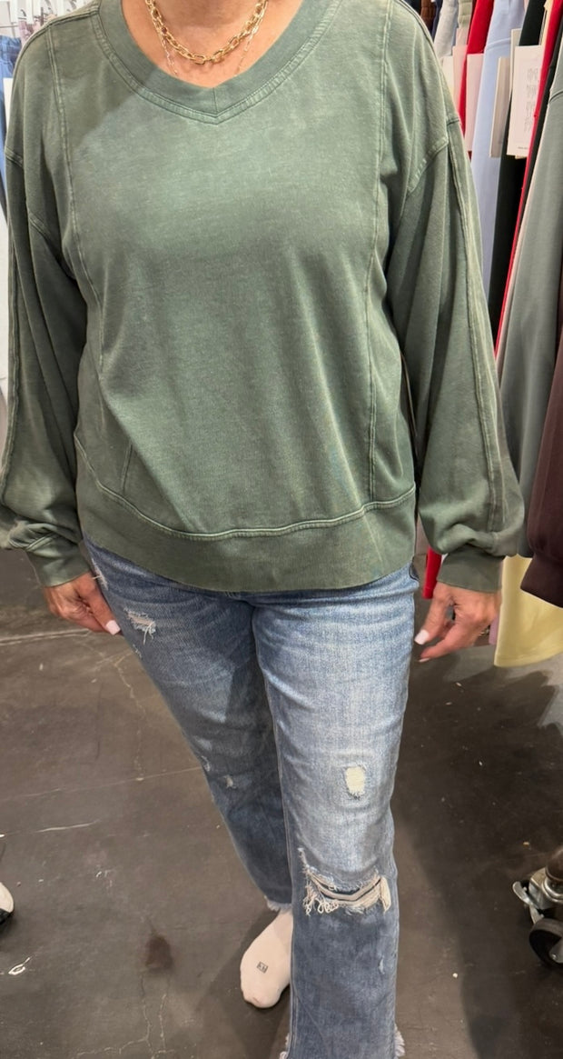 Cotton V Neck Long Sleeve Top-2 Colors Available