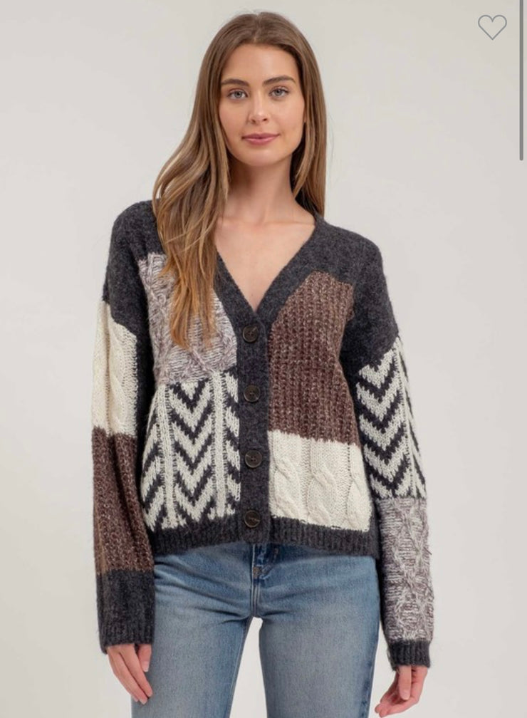 V Neck Patchwork Cable Knit Cardigan