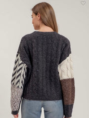 V Neck Patchwork Cable Knit Cardigan