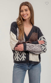 V Neck Patchwork Cable Knit Cardigan