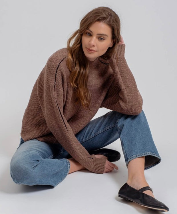 Mocha Mock Neck Contrast Seam Sweater