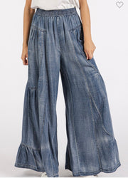 Denim Washed Chambray Tier Detail Wide Leg Pants