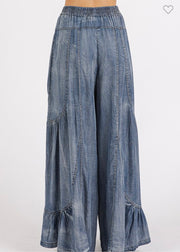 Denim Washed Chambray Tier Detail Wide Leg Pants