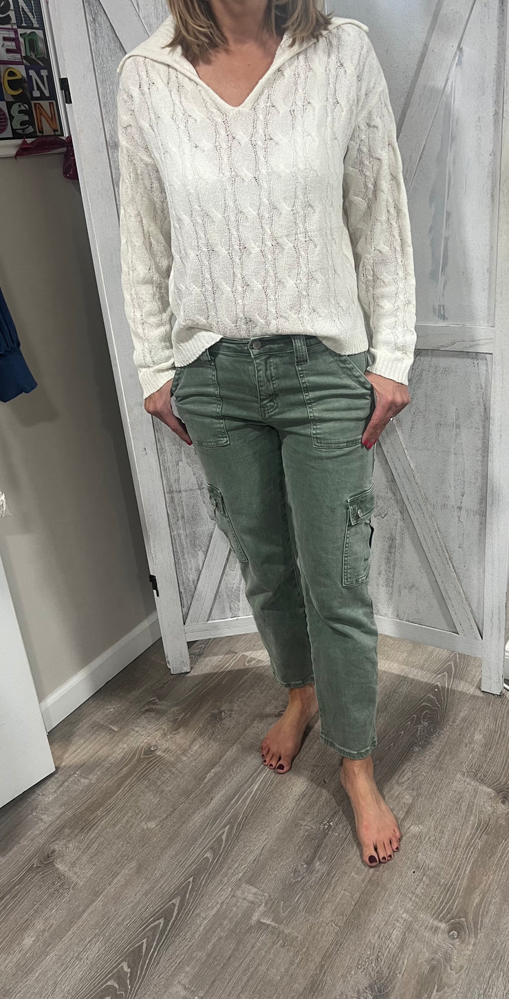 Army Green Straight Leg Jeans With Cargo Pocket Detail