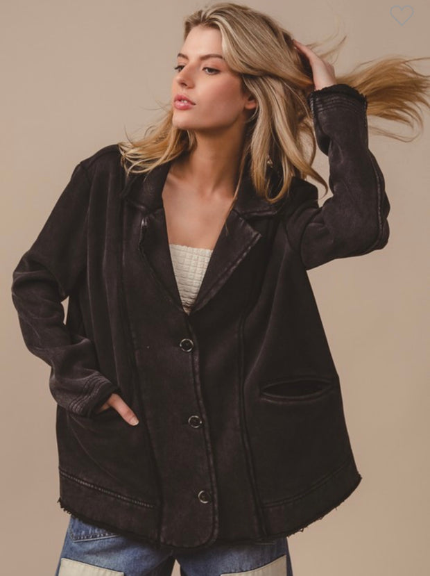 Black Charcoal Vintage Washed Fleece Jacket