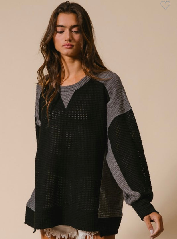 Black/Charcoal Waffle Color Block Top