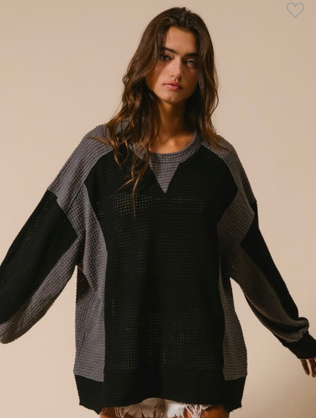 Black/Charcoal Waffle Color Block Top