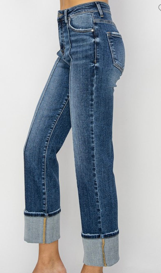 High Rise Ankle Straight Wide Cuffed Jeans