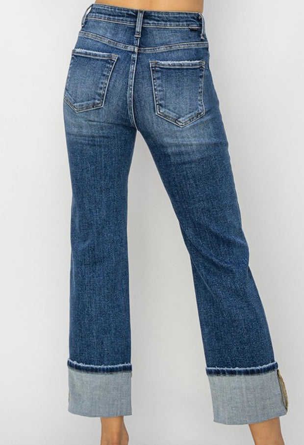 High Rise Ankle Straight Wide Cuffed Jeans