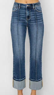 High Rise Ankle Straight Wide Cuffed Jeans