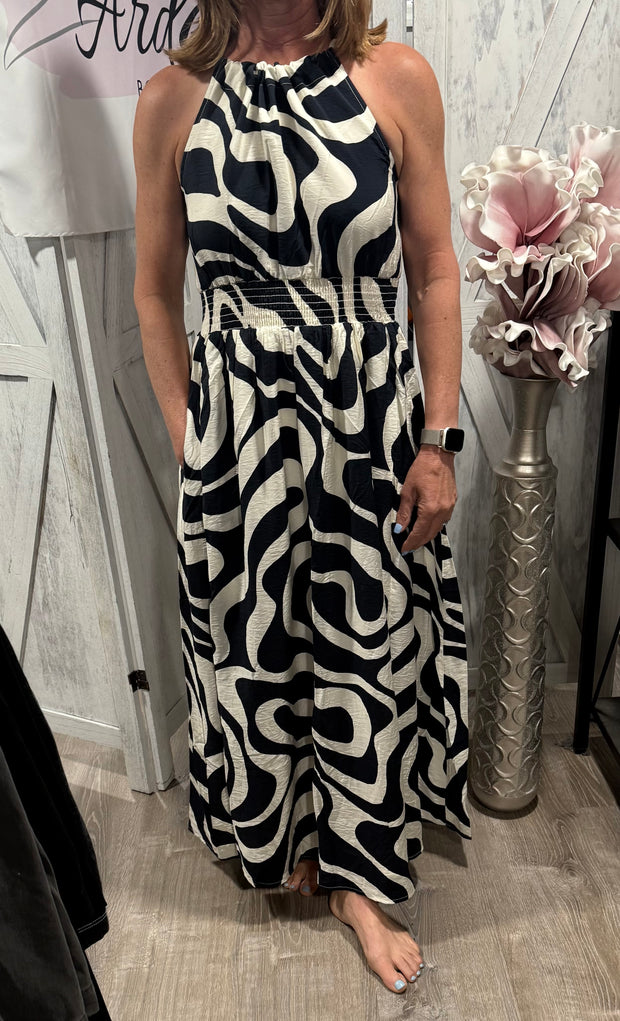 Navy Print Smocked Waist Halter Neck Back Tie Maxi Dress