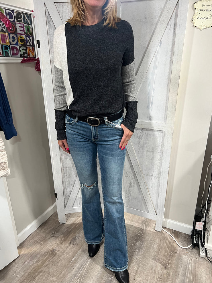 Black Multi Color Block Long Sleeve Sweater- Available in Heather Grey Too