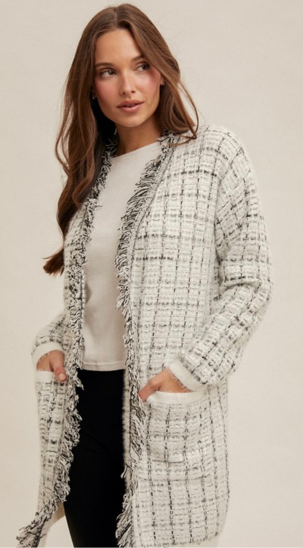 White/Black Fringe Detailed Textured Cardigan