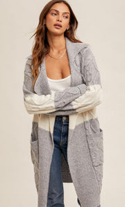 Grey Cable Knit Color Block Coatigan