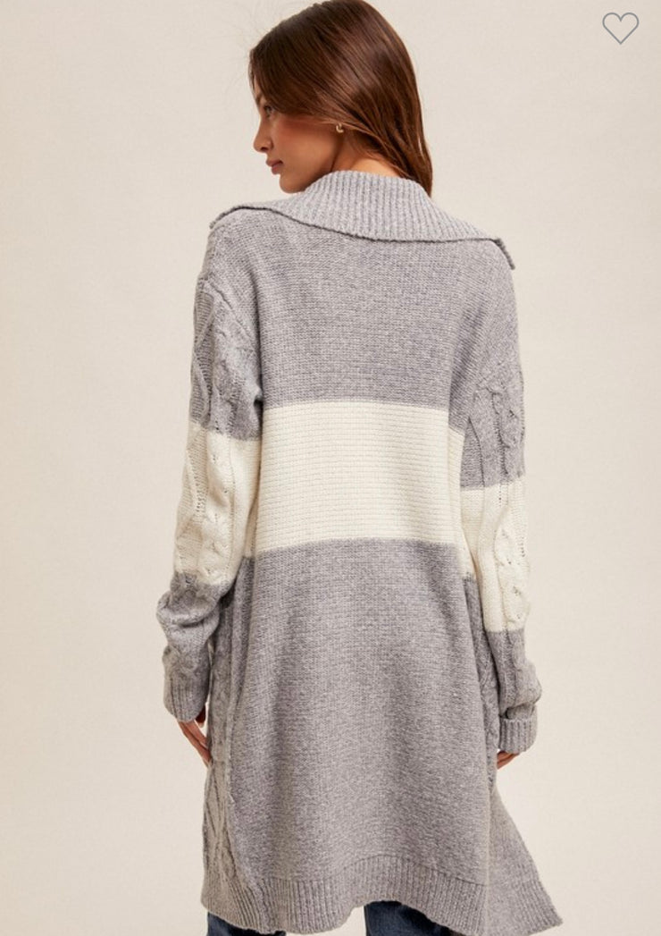 Grey Cable Knit Color Block Coatigan