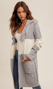 Grey Cable Knit Color Block Coatigan