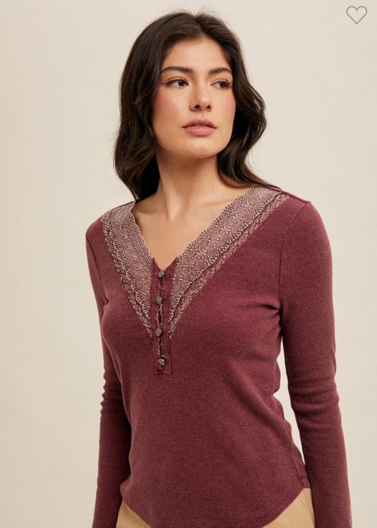 Eyelet Trimmed V Neck Rib Henley Top