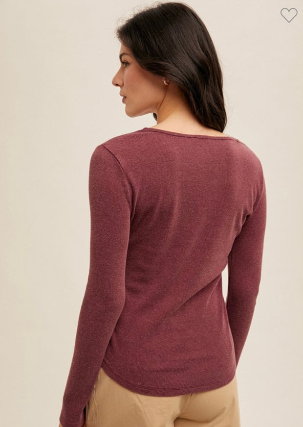 Eyelet Trimmed V Neck Rib Henley Top