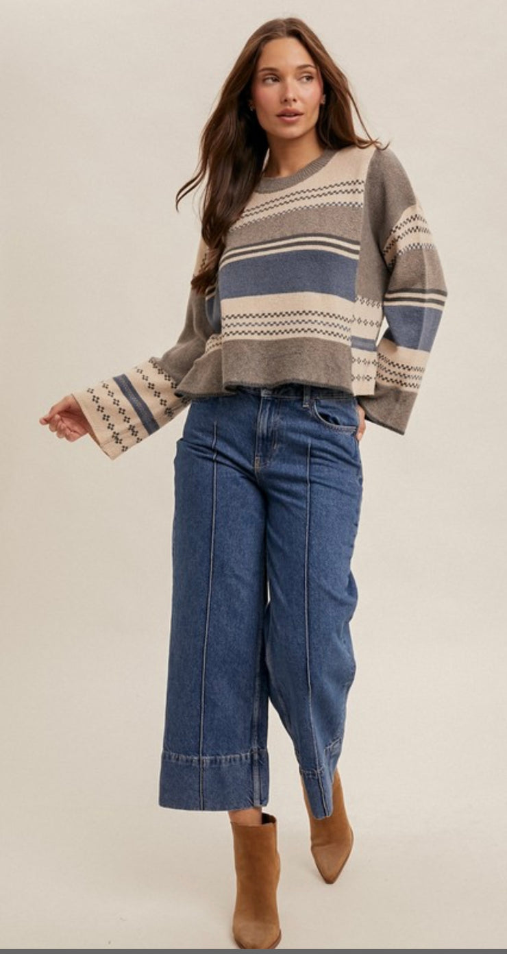 Dusty Blue Multi Pattern Round Neck Sweater