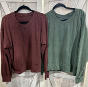 Cotton V Neck Long Sleeve Top-2 Colors Available
