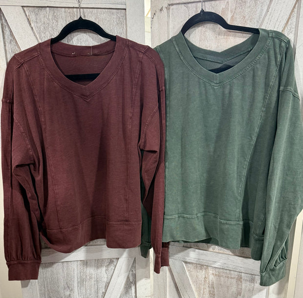 Cotton V Neck Long Sleeve Top-2 Colors Available