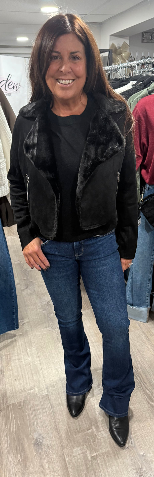 Black Lapel Collar With Fur Detail Suede Biker Lightweight Jacket