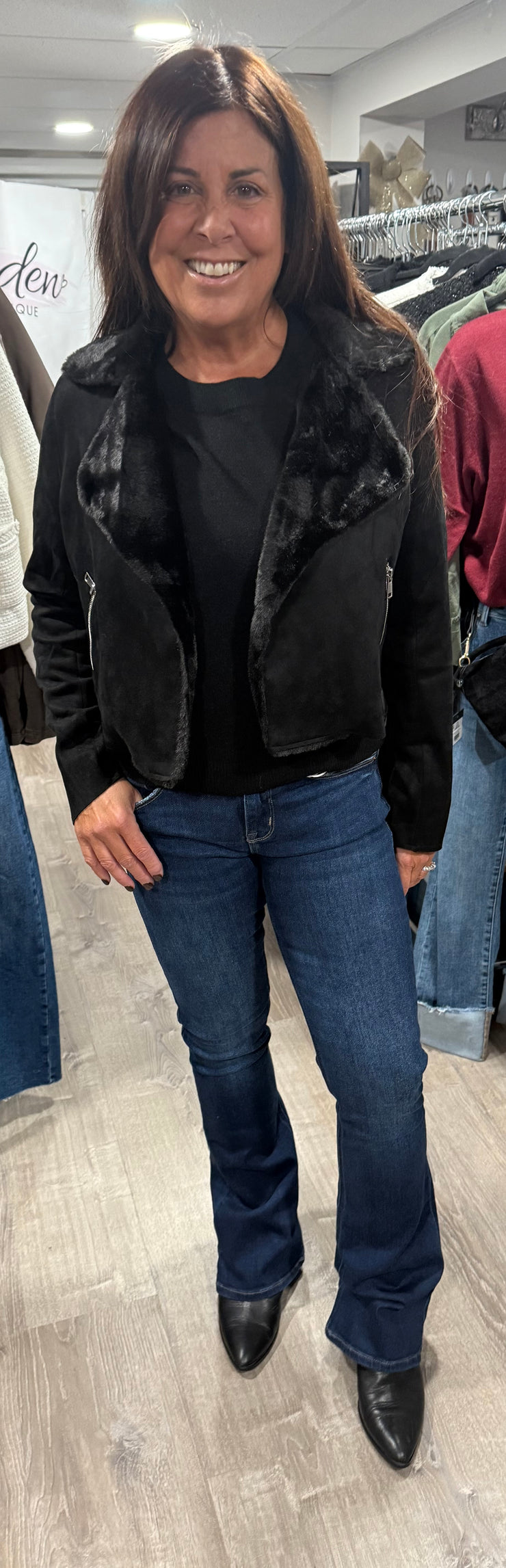 Black Lapel Collar With Fur Detail Suede Biker Lightweight Jacket