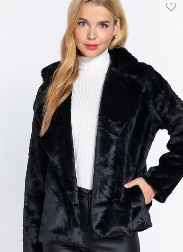 Black Open Front Faux Fur Jacket