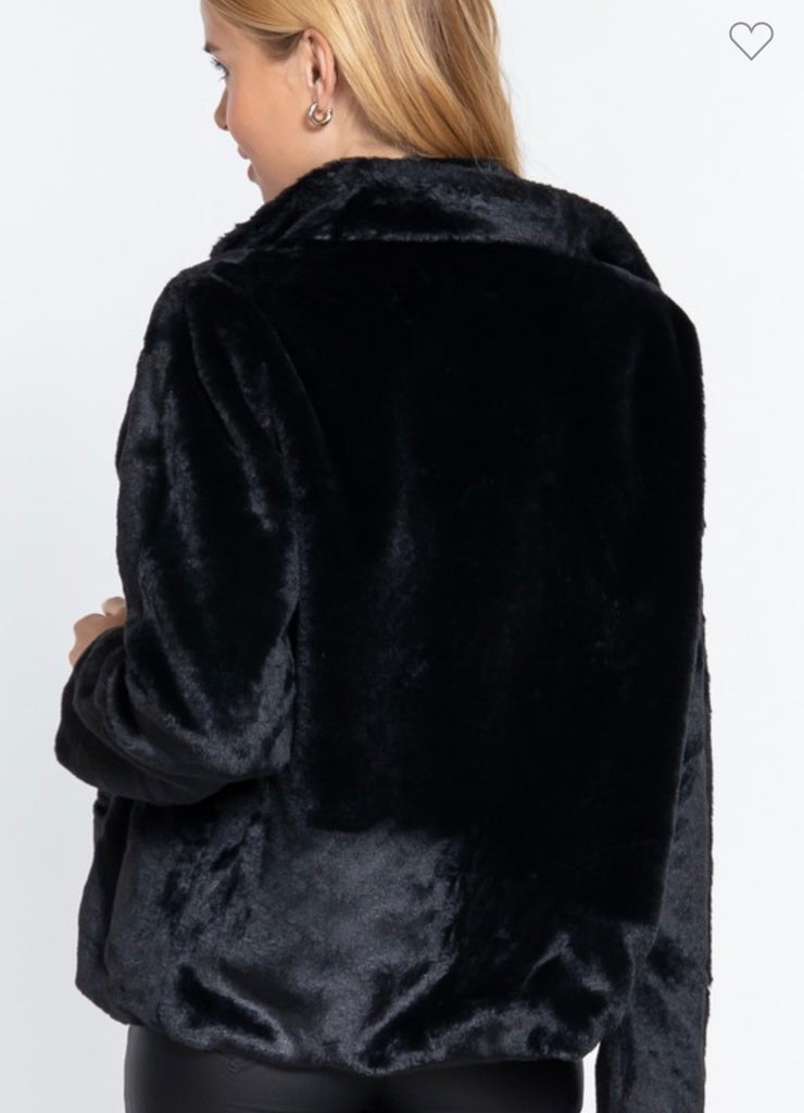 Black Open Front Faux Fur Jacket