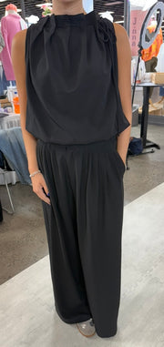 Sleeveless Cowl Neck Tie Detail Top With Matching Shirring Detail Wide Leg Pants- SET- Black or White