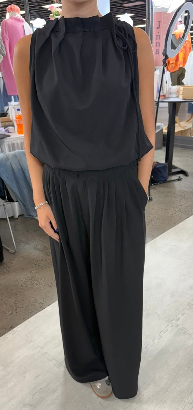 Sleeveless Cowl Neck Tie Detail Top With Matching Shirring Detail Wide Leg Pants- SET- Black or White