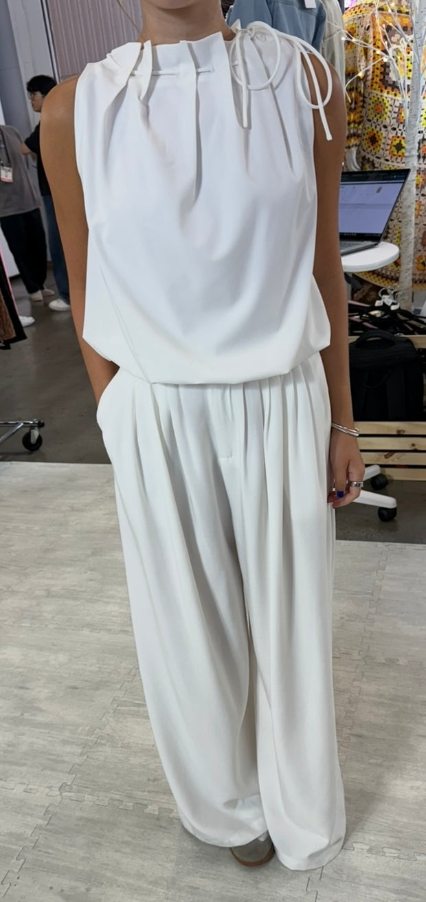 Sleeveless Cowl Neck Tie Detail Top With Matching Shirring Detail Wide Leg Pants- SET- Black or White