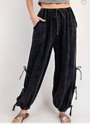 Black Mineral Washed Ribbon Side Tie Pants- Matching Top Available