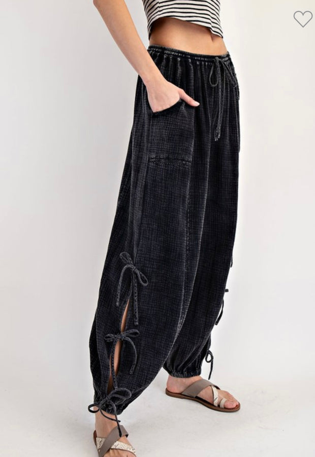 Black Mineral Washed Ribbon Side Tie Pants- Matching Top Available