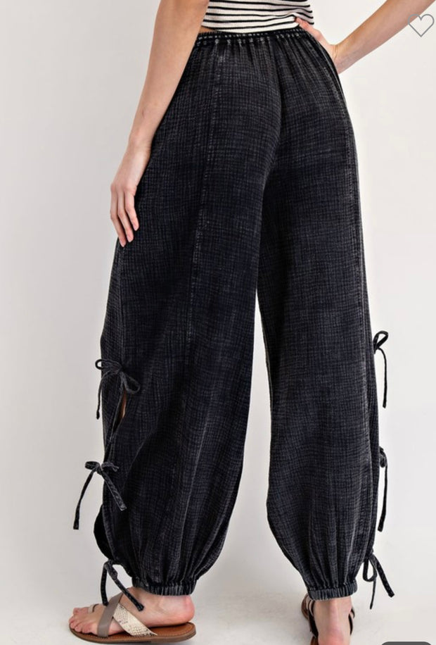 Black Mineral Washed Ribbon Side Tie Pants- Matching Top Available