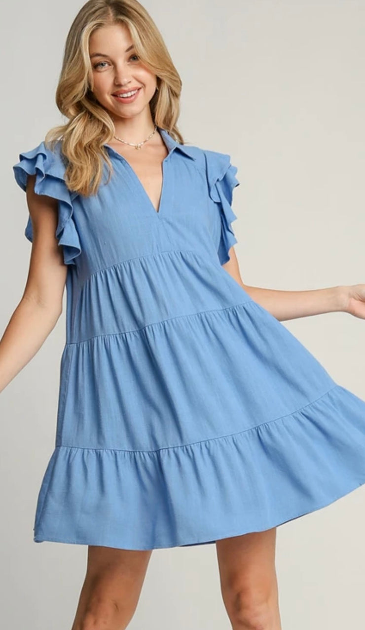 Orchid Blue Short Ruffle Sleeve Tiered Dress