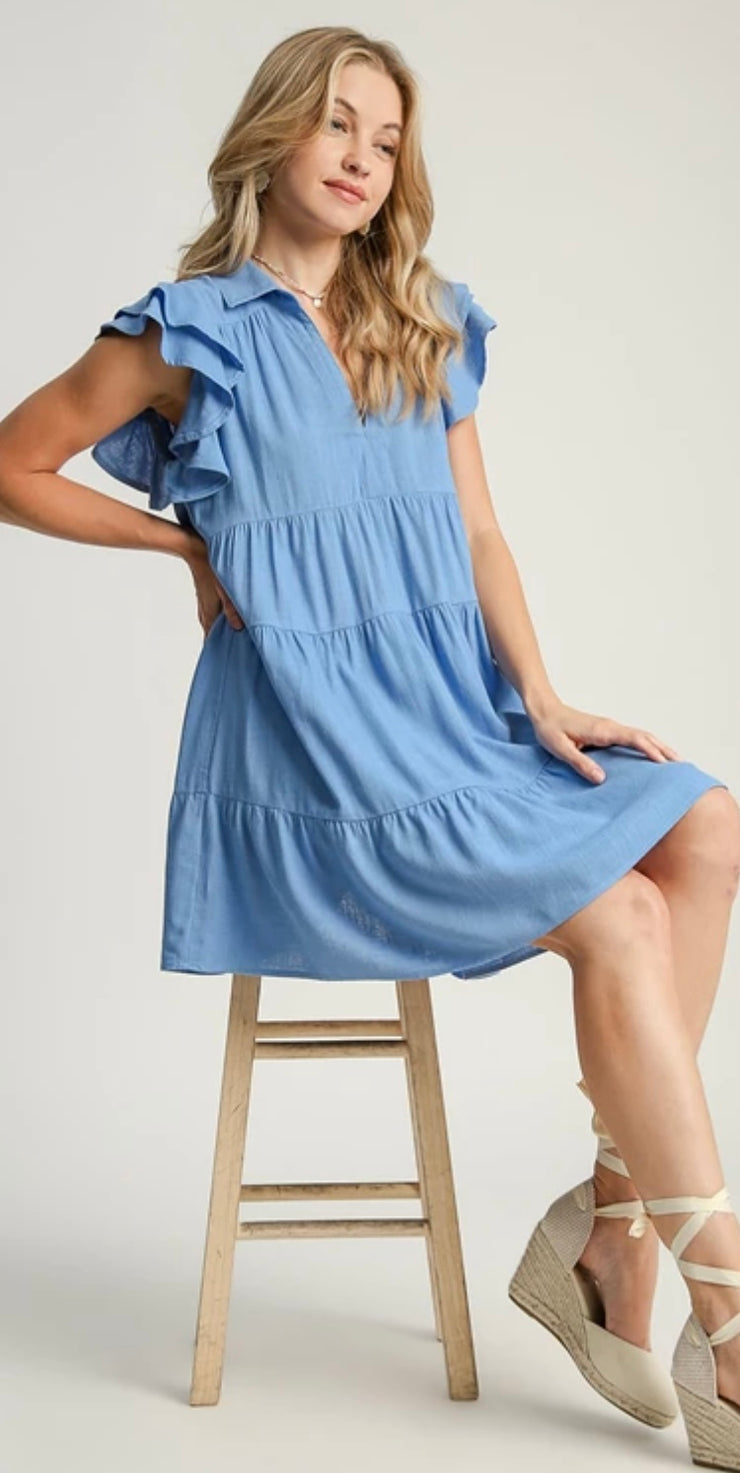 Orchid Blue Short Ruffle Sleeve Tiered Dress