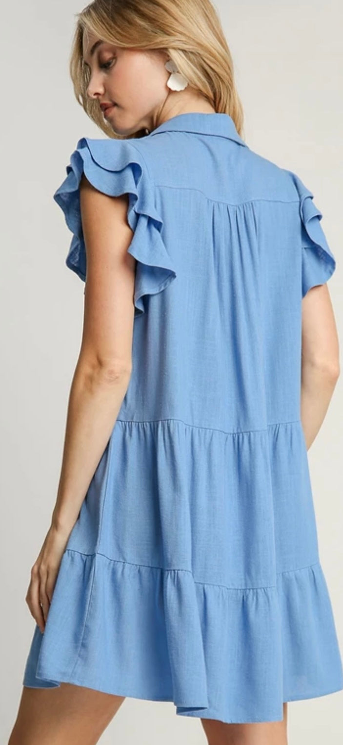 Orchid Blue Short Ruffle Sleeve Tiered Dress