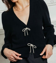 Black Ribbon Trim Puff Sleeve Cardigan