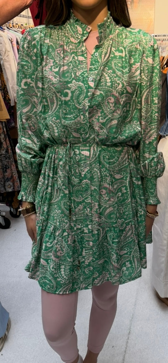 Green Paisley Print Ruffled Button Down Dress