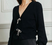 Black Ribbon Trim Puff Sleeve Cardigan