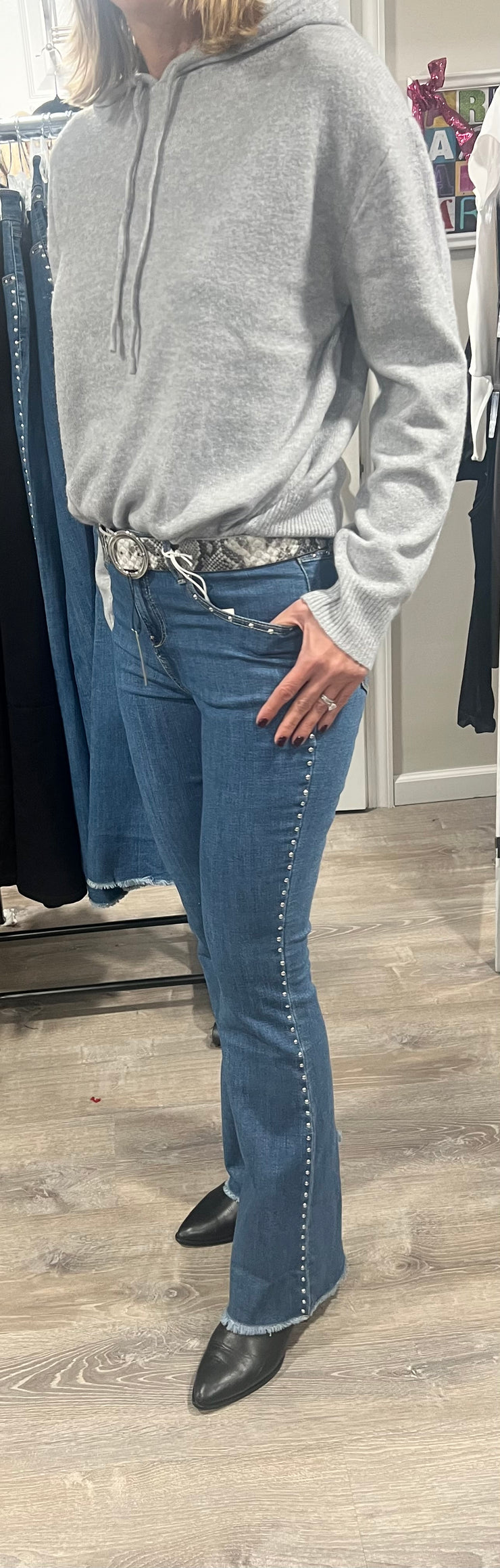 Slim Boot Jeans With Crystal Grommets